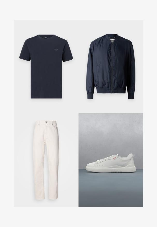 Marineblaues Bomberjacke mit glatter, glänzender Oberfläche, gerippten Bündchen und Saum, verfügt über einen Frontreißverschluss und Seitentaschen.; Marineblaues Baumwoll-T-Shirt mit Rundhalsausschnitt, kurzen Ärmeln und einem kleinen, grauen Markenlogo auf der linken Brust. Angenehme Textur.; Weiße Denim-Jeans mit geradem Bein, Knopf- und Reißverschluss, Gürtelschlaufen sowie Vorder- und Hintertaschen, auf einfarbigem Hintergrund gezeigt.; Weiße Sneaker aus glattem Leder, runde Spitze, vier Ösen, dezente Perforationen und ein rotes Logodetail an der Seite.