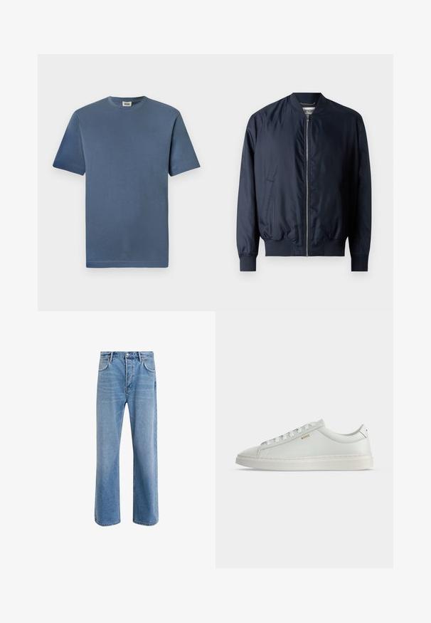 Marineblaues Bomberjacke mit glatter, glänzender Oberfläche, gerippten Bündchen und Saum, verfügt über einen Frontreißverschluss und Seitentaschen.; Blaue Baumwoll-T-Shirt mit Rundhalsausschnitt und kurzen Ärmeln. Hat eine glatte Textur und einen geraden Saum. Keine sichtbaren Muster oder Grafiken.; Helle blaue Jeans im Geradeschnitt-Design, mit fünf Taschen, Knopfverschluss, minimaler Ausbleichung und kontrastierenden Nähdetails.; Weißer Leder-Sneaker in niedriger Ausführung mit Schnürsenkeln, flacher Sohle und kleinem goldfarbenem "BOSS" Logo an der Seite, von der Außenseite betrachtet.