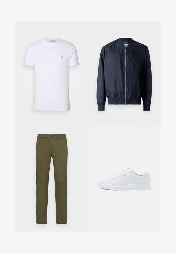 Marine bomberjack met een gladde, glanzende afwerking, geribbelde manchetten en zoom, beschikt over een voorrits en zijzakken.; Witte katoenen t-shirt met korte mouwen, met een klein oranje "II" logo op de linkerborst en een ronde halslijn. Eenvoudig ontwerp en textuur.; Olijfgroene katoenen chino's met een recht model, voorzien van een knoopsluiting aan de voorkant, zijzakken en nette zoomlijnen.; Witte leren sneakers met een gladde textuur, ronde neus en tonale stiksels. Voorzien van blauwe veters en een gouden logo op de zijkant.