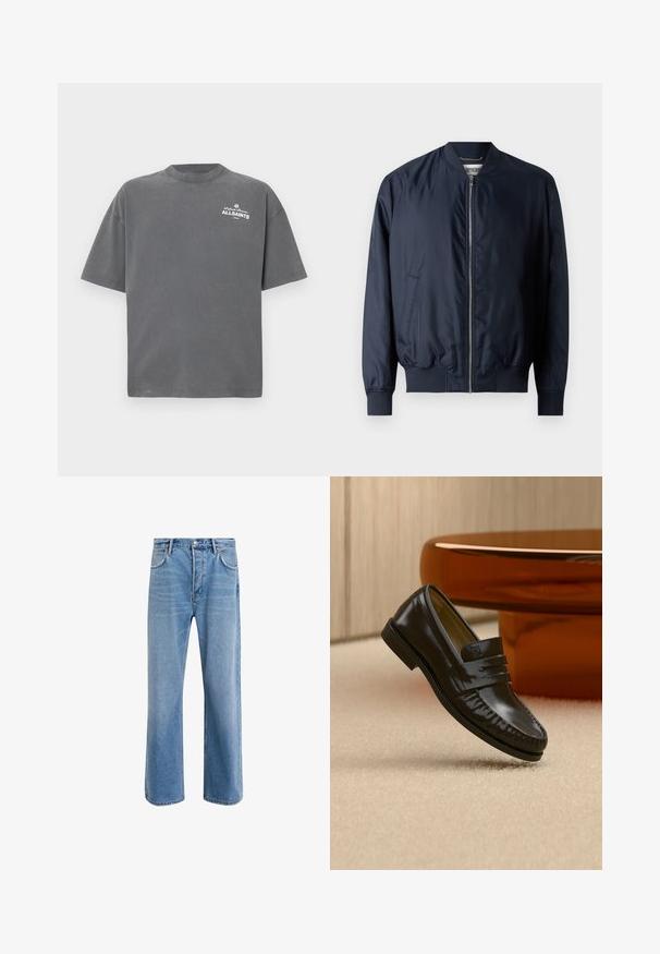 Marine bomberjakke med en glat, skinnende overflade, ribbede manchetter og kant, har lynlås foran og sidelommer.; Mørkegrå T-shirt med korte ærmer og rund hals med lille hvid "ALLSAINTS"-logo på øverste venstre bryst.; Lyseblå denim jeans med lige ben-design, fem lommer, knaplukning, minimal falming og kontraststingdetaljer.; Skinnende sort læderloafer med remdetalje, placeret på beige tæppe nær et rundt brunt sofabord i et blødt oplyst rum.