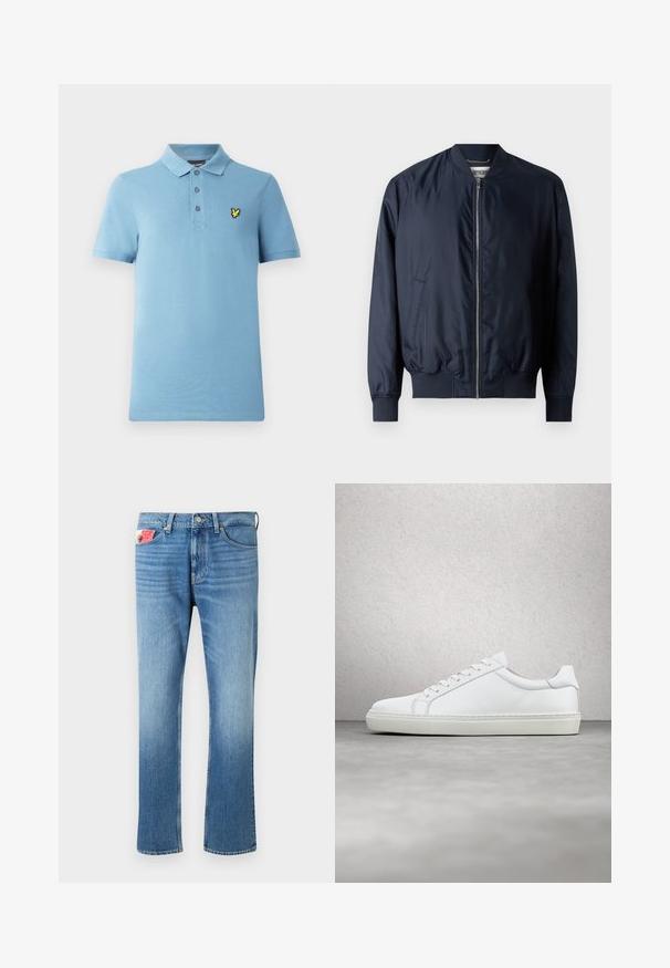 Chaqueta bomber en color azul marino con un acabado suave y brillante, puños y dobladillo acanalados, que cuenta con un cierre delantero de cremallera y bolsillos laterales.; Polo azul claro confeccionado en tela suave, con una tapeta de tres botones y un logo bordado amarillo en el lado izquierdo del pecho. Manga corta.; Jeans de mezclilla azul descoloridos con corte recto, con cierre de botón, cinco bolsillos y un parche en el bolsillo delantero.; Zapatilla blanca con parte superior de cuero liso y perfil bajo. Presenta una puntera redondeada, seis ojales y una suela de goma texturizada.