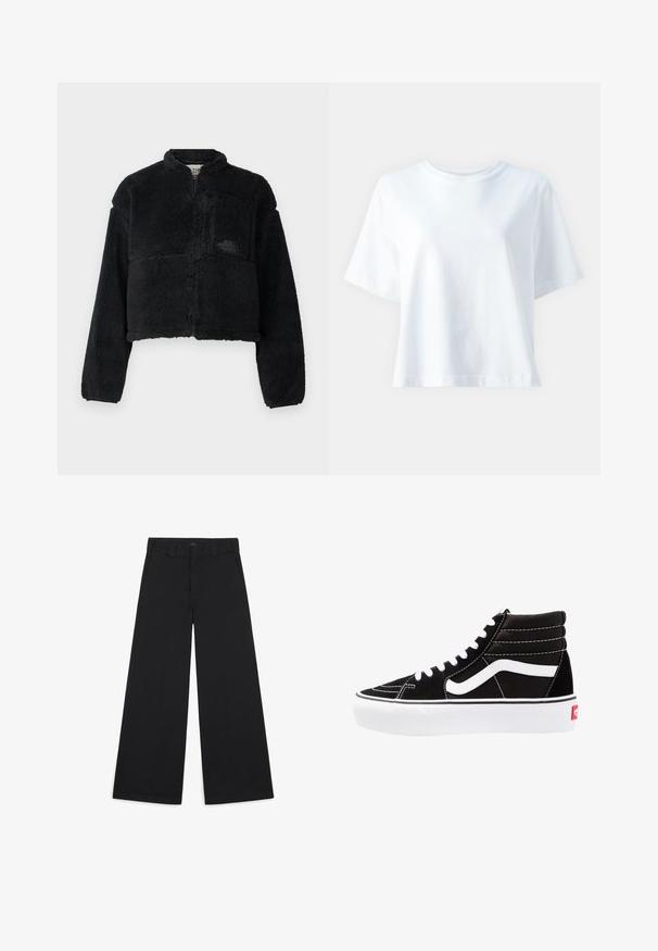 Schwarze Fleecejacke mit hohem Kragen, tailliertem Design, langen Ärmeln, Taschen vorne und strukturiertem Stoff. Mit einem Logo auf der Brust.; Weißes Baumwoll-T-Shirt mit Rundhals, kurzen Ärmeln, lockerer Passform und glatter Textur. Keine Muster oder Akzente sichtbar.; Schwarze, weit geschnittene Hosen aus einem weichen, gewebten Stoff. Mit Bügelfalten, Gürtelschlaufen und einem sauberen, maßgeschneiderten Finish.; Schwarze High-Top-Sneaker mit weißen Schnürsenkeln, einem weißen Logo und kontrastierendem weißen Nähten. Verfügt über eine dicke weiße Sohle und ein strukturiertes Wildleder-Obermaterial.