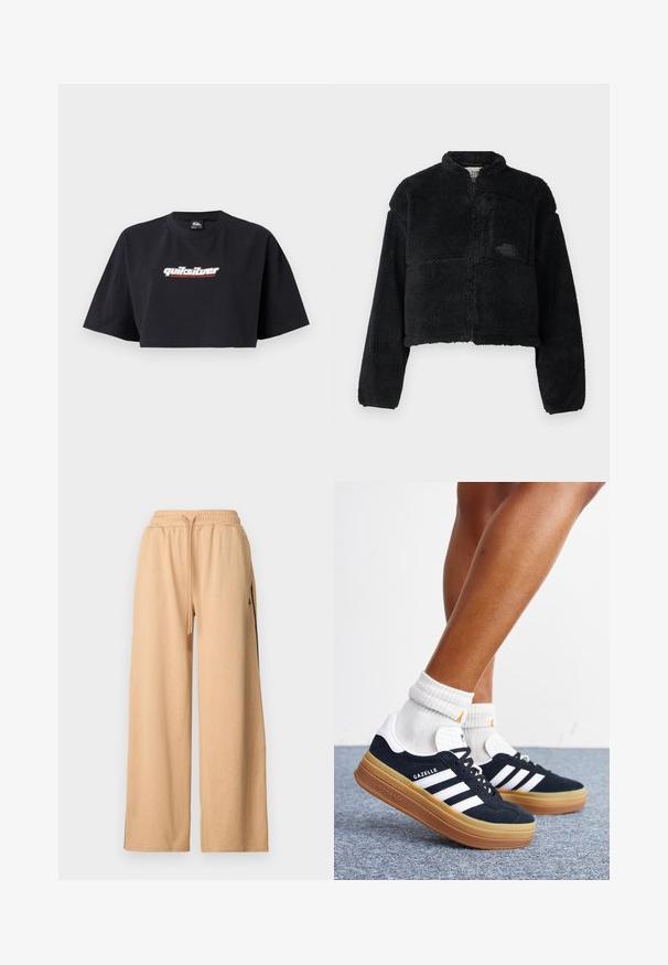 Chaqueta de forro polar negra con cuello alto, diseño corto, mangas largas, bolsillo frontal y tejido texturizado. Presenta un logo en el pecho.; Camiseta de cropped negra, de manga corta, hecha de algodón. En el frontal se muestra el logotipo "Quiksilver Boarding Company" en blanco y rojo.; Pantalones anchos color beige con un patrón texturizado, cinturilla elástica, cordón y bolsillos laterales con acentos en negro.; Piernas con calcetines blancos y zapatillas Adidas Gazelle negras con rayas blancas y suelas marrones gruesas sobre un suelo alfombrado gris.