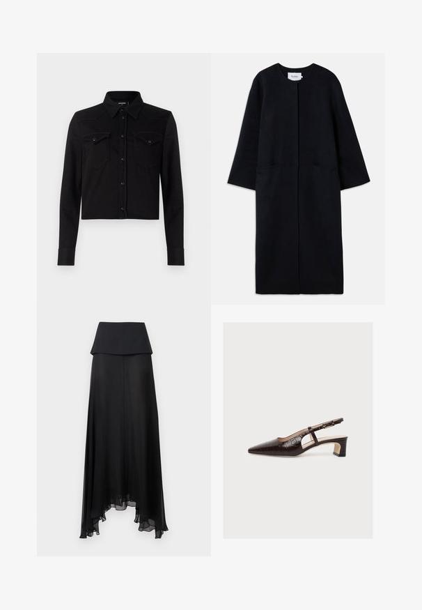 Lang sort uldfrakke med rund halsudskæring, lange ærmer, skjult frontlukning og to sidelommer.; Sort cropped denimskjorte med lange ærmer, spids krave, frontlukning med trykknapper og to brystlommer. Har kontrasterende syninger.; Sort maxinederdel med høj talje, lagdelt taljebånd og asymmetrisk, gennemsigtigt skørt med bløde flæser.; Brun slingback-sko med spids tå, lav blokhæl, krokodillemønster, sideudskæring og justerbar spænderem, vist på hvid baggrund.