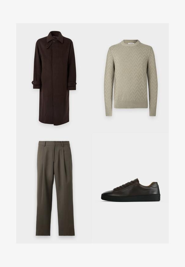 Long manteau en laine marron foncé avec large col, devant à boutons cachés et détails de lanières boutonnées aux poignets sur fond blanc.; Pull à col rond couleur beige clair avec un motif tissé texturé, des poignets et un ourlet côtelés, présenté sur un fond blanc.; Pantalons de couleur vert olive foncé, coupe ajustée, devant plissé, tissu léger, design à jambes droites, avec une texture lisse et sans embellissements visibles.; Baskets basses en cuir marron foncé avec semelle en caoutchouc noire, lacets à l'avant et design minimaliste épuré sur fond clair.