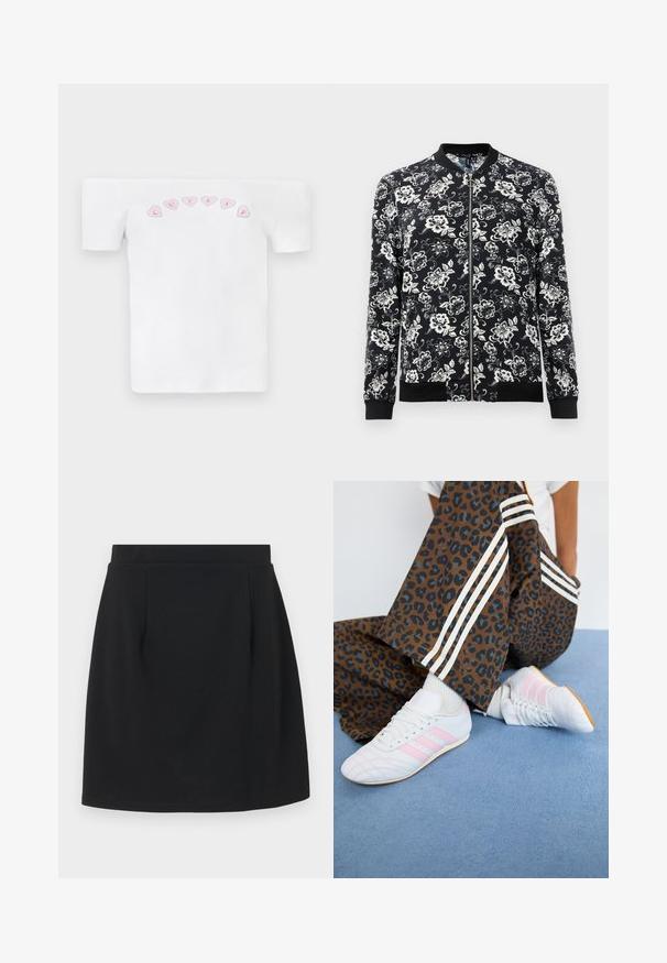 Chaqueta bomber floral en blanco y negro, con cierre de cremallera en la parte delantera, puños y dobladillo acanalados, y un denso patrón floral en toda su superficie.; Camiseta blanca sin mangas de algodón, con un patrón de corazones rosas y el texto "CUTIES" en una fuente divertida en el pecho.; Minifalda negra con cintura ajustada, que presenta una textura de tela suave y líneas simples y limpias. Sin adornos ni patrones visibles.; Zapatillas deportivas blancas con rayas rosas, combinadas con pantalones de leopardo marrón con rayas laterales blancas, sobre una alfombra azul.