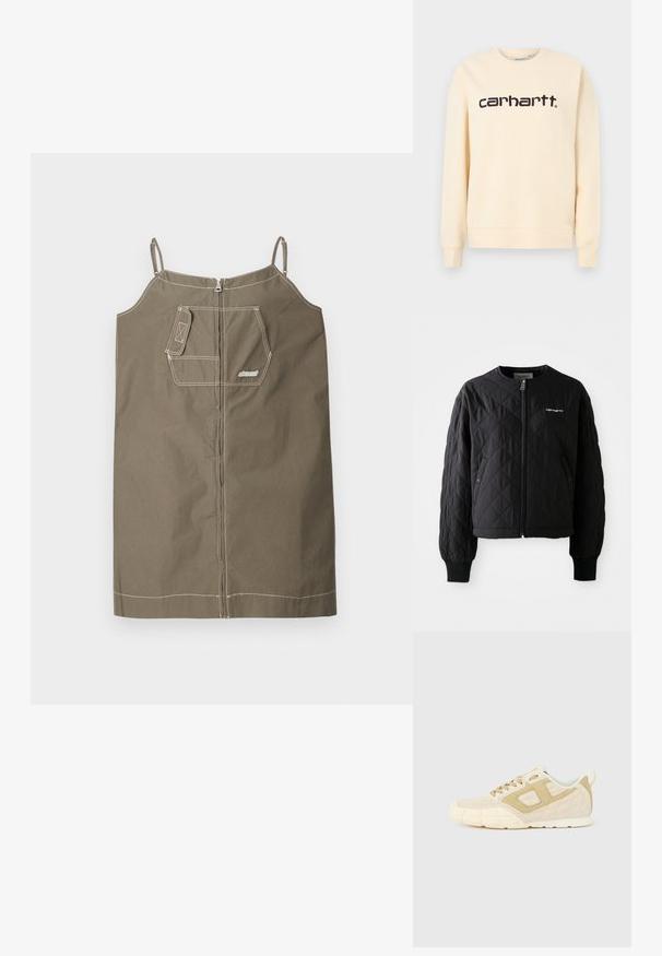 Sort quiltet jakke med lynlås foran, ribbede manchetter og en ikke-aftagelig krave. Har et subtilt broderet logo på øverste venstre side.; Beige Carhartt crewneck sweatshirtdragt med lange ærmer og sort "carhartt" logo-tekst centreret på brystet.; Oliven grøn, ærmeløs kjole lavet af bomuld med lynlås lukning. Har en enkelt brystlomme, kontraststing og justerbare stropper.; Sneaker med en beige overdel i ruskind og mesh, der har en tyk hvid sål, rund tå og snøresystem. Indeholder udsnit på siden som detaljer.