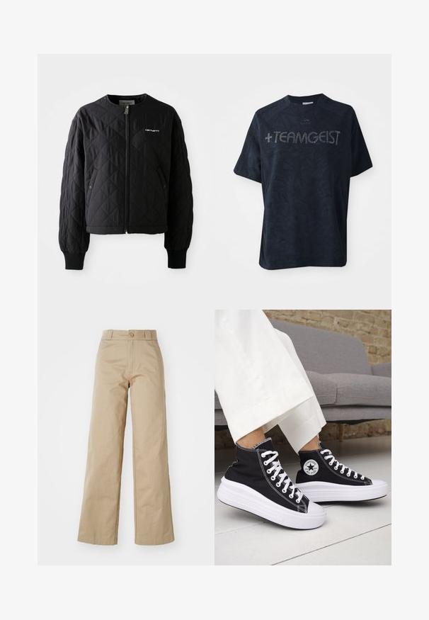 Schwarze Steppjacke mit einem Reißverschluss vorne, gerippten Bündchen und einem nicht abnehmbaren Kragen. Mit einem dezent gestickten Logo auf der oberen linken Seite.; Schwarzes T-Shirt mit kurzen Ärmeln aus weichem Stoff, das ein strukturiertes Muster aufweist und mit Strasssteinen verziert ist, die " +TEAMGEIST" buchstabieren.; Beige weitgeschnittene Hose aus Baumwolle, mit Knopfverschluss und Gürtelschlaufen, glatt im Griff und sauber verarbeitet.; Schwarze High-Top-Sneaker mit weißen Gummisohlen und Schnürsenkeln. Verfügt über ein rundes Logo-Patch und kontrastierende weiße Nähte. Aus Canvas-Material.