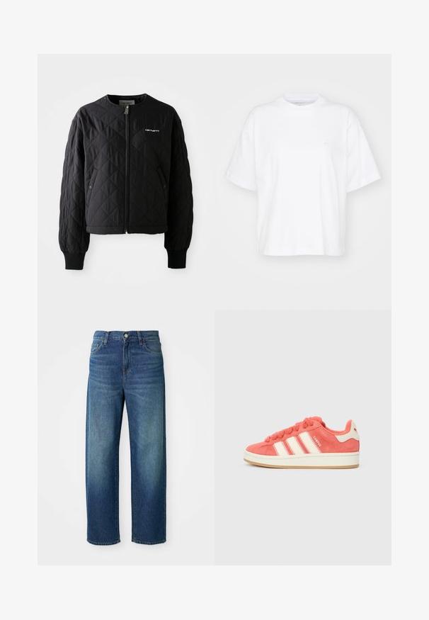 Schwarze Steppjacke mit einem Reißverschluss vorne, gerippten Bündchen und einem nicht abnehmbaren Kragen. Mit einem dezent gestickten Logo auf der oberen linken Seite.; Weißes Baumwoll-T-Shirt mit Rundhalsausschnitt, kurzen Ärmeln und lockerer Passform. Verfügt über ein dezentes Logo auf der linken Brustseite. Glatte Textur.; Blaue Jeans aus Denim, weit geschnitten, mittelhoher Bund, dezente Ausbleichungen, im fünf-Taschen-Stil, mit Knopf- und Reißverschluss, gerader Saum.; Rosa Wildleder-Sneaker mit cremefarbenen Streifen, runden Schnürsenkeln und einer strukturierten Zunge. Verfügt über eine Gummisohle und ein Logo auf der Ferse.
