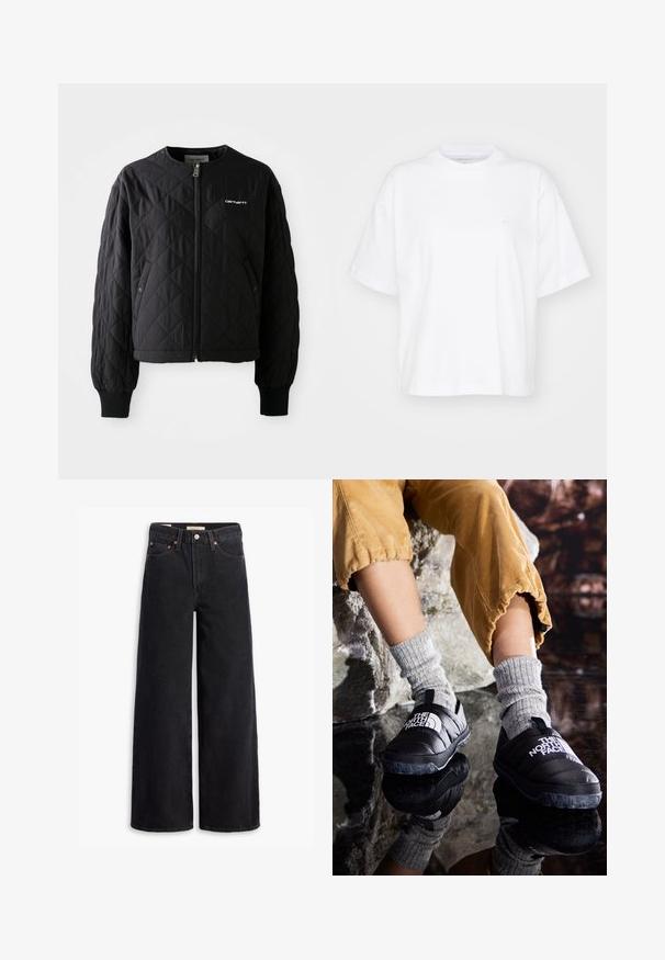 Veste noire matelassée avec un zip à l'avant, des poignets côtelés et un col non détachable. Présente un logo subtilement brodé sur le côté supérieur gauche.; T-shirt en coton blanc avec un col rond, des manches courtes et une coupe décontractée. Présente un logo discret sur la zone gauche de la poitrine. Texture lisse.; Jean noir à jambe large en denim, comportant cinq poches, des rivets en laiton et une fermeture à bouton classique. Texture lisse avec un design épuré.; Chaussures noires isolées à enfiler avec des semelles texturées et un logo blanc, portées avec des chaussettes en tricot grises, associées à un pantalon côtelé de couleur moutarde.