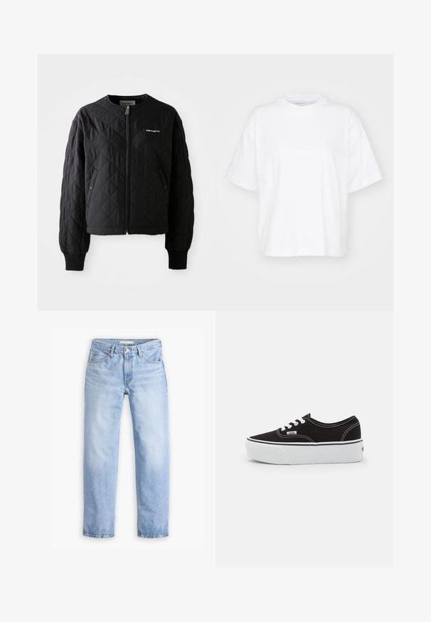 Zwarte gevoerde jas met een ritssluiting aan de voorkant, geribde manchetten en een niet-afneembare kraag. Heeft een subtiel geborduurd logo aan de bovenkant aan de linkerzijde.; Witte katoenen t-shirt met een ronde hals, korte mouwen en een ontspannen pasvorm. Heeft een subtiel logo op het linkerborstgedeelte. Zachte textuur.; Lichtblauwe denim jeans met een rechte pijp, vijf zakken en een middelhoge taille. Heeft een vervaagde textuur en een gestikte zoom.; Zwarte canvas sneaker met een witte rubberen platformzool, voorzien van witte veters en stiksels, iconische branding op de zijkant, low-top ontwerp.