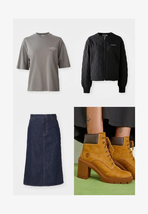 Veste noire matelassée avec un zip à l'avant, des poignets côtelés et un col non détachable. Présente un logo subtilement brodé sur le côté supérieur gauche.; T-shirt en coton gris à manches courtes, col rond, avec un petit logo Carhartt WIP imprimé sur le devant. Texture lisse, coupe décontractée.; Jupe en denim foncé à taille haute, coupe droite, poches avant et coutures surpiquées. Fermeture à glissière et bouton à la taille.; Bottes de cheville en suède beige avec un col marron, des œillets dorés et des lacets jaunes. Talon épais marron et détail de logo sur le côté.