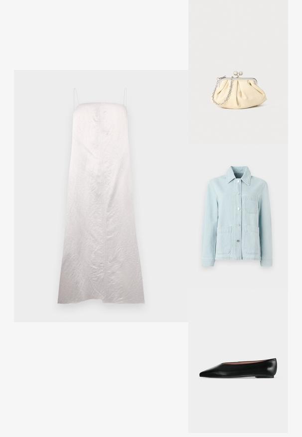 Lichtblauwe spijkerjacket met een kraag, voorzakken en zilveren knopen. De stof heeft een gladde textuur en een casual ontwerp.; Witte, mouwloze jurk met een rechte silhouet, gemaakt van licht gestructureerde stof, met een middennaad en minimale bandjes.; Zwarte leren damesschoen met platte zool, puntige neus en lage hak, zijwaarts afgebeeld tegen een effen lichtgrijze achtergrond.; Geplooide beige leren clutch met een zilveren metalen frame, voorzien van twee ronde decoratieve sluitingen en een zilveren kettingriem.