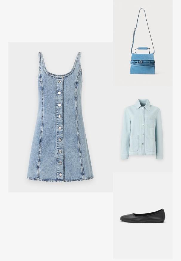 Lichtblauwe spijkerjacket met een kraag, voorzakken en zilveren knopen. De stof heeft een gladde textuur en een casual ontwerp.; Denim jurk met een ronde halslijn en dunne bandjes. Lichtblauwe stof, A-lijn vorm, voorzien van knopen aan de voorkant en zichtbare stikseldetails.; Zwarte leren ballerina met een ronde neus, gladde textuur, minimale stikdetails en een flexibele zoolontwerp.; Blauwe suède handtas met bovenhengsel, verstelbare lange schouderriem en zilveren gespdetail op de klepsluiting.