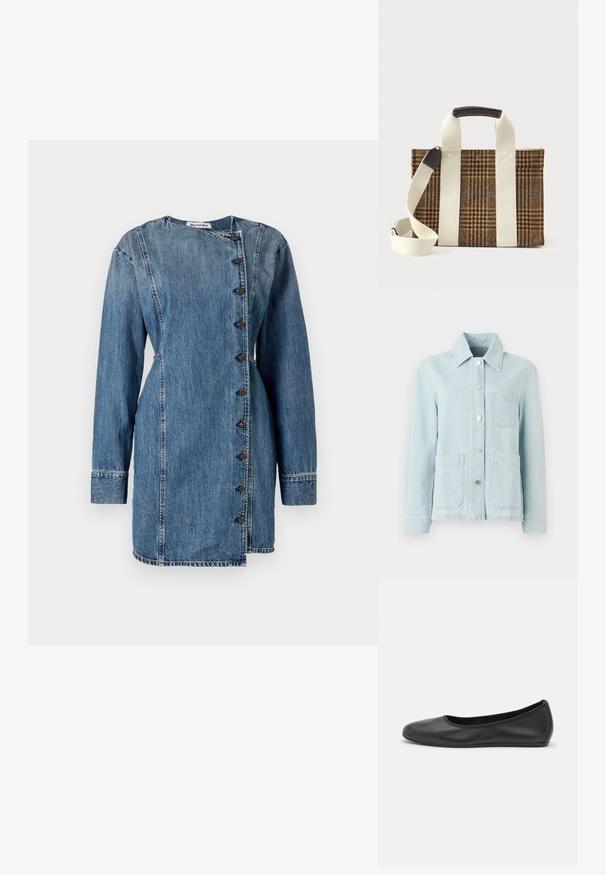 Lichtblauwe spijkerjacket met een kraag, voorzakken en zilveren knopen. De stof heeft een gladde textuur en een casual ontwerp.; Jeansjurk met lange mouwen, hoge kraag en asymmetrische knoopsluiting. Heeft een medium blue wash, een lichte textuur en een getailleerde pasvorm.; Zwarte leren ballerina met een ronde neus, gladde textuur, minimale stikdetails en een flexibele zoolontwerp.; Rechthoekige bruine geruite stoffen tas met brede witte verticale banden, korte leren handgreep en verstelbare witte schouderriem op een witte achtergrond.