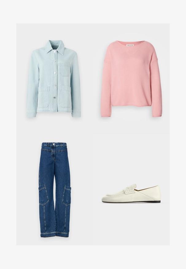 Lys blå denimjakke med krave, frontlommer og sølvknapper. Stoffet har en glat tekstur og et afslappet design.; Lyserød sweater med løs pasform, ribbet tekstur, bred halsudskæring og lange ærmer. Minimalistisk design uden ekstra pynt.; Blå denim cargo bukser med høj talje, brede ben, to store sidelommer samt traditionelle nitter og syninger.; Hvid læderloafer med en lav sort sål og en remdetalje hen over toppen, vist fra siden på en ensfarvet baggrund.