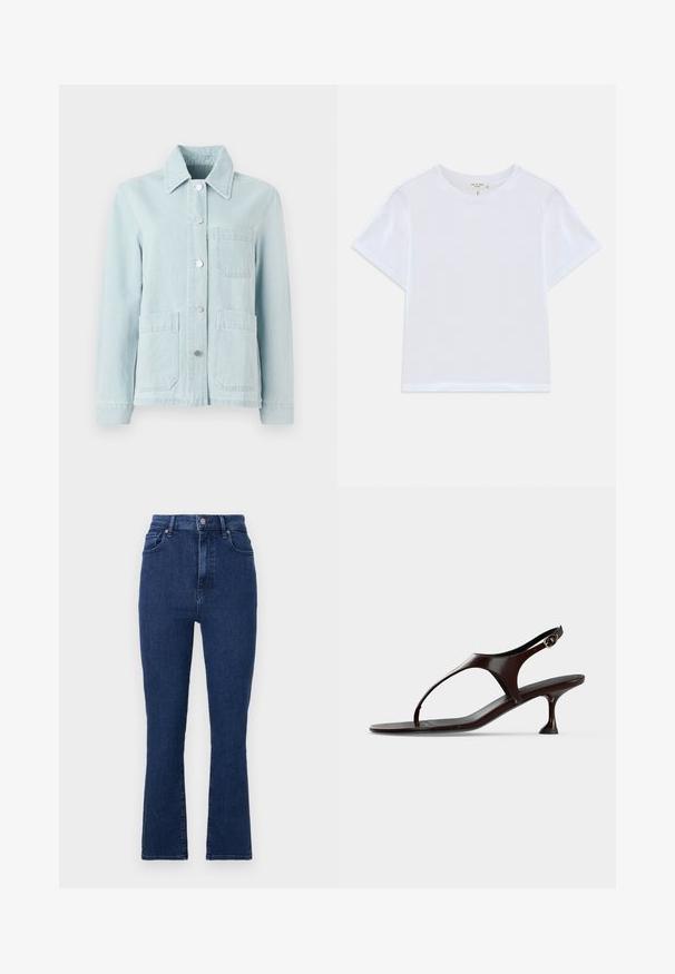Veste en denim bleu clair avec un col, poches avant et boutons argentés. Le tissu a une texture lisse et un design décontracté.; T-shirt blanc court en coton doux, avec un col rond et des manches courtes, d'ajustement légèrement décontracté. Pas de motifs ni d'accents.; Jeans taille haute bleu foncé en tissu en denim avec une coupe droite, dotés de poches avant et d'une fermeture à bouton en métal.; Sandale slingback en cuir verni marron foncé avec petit talon et bride entre les orteils sur fond blanc.