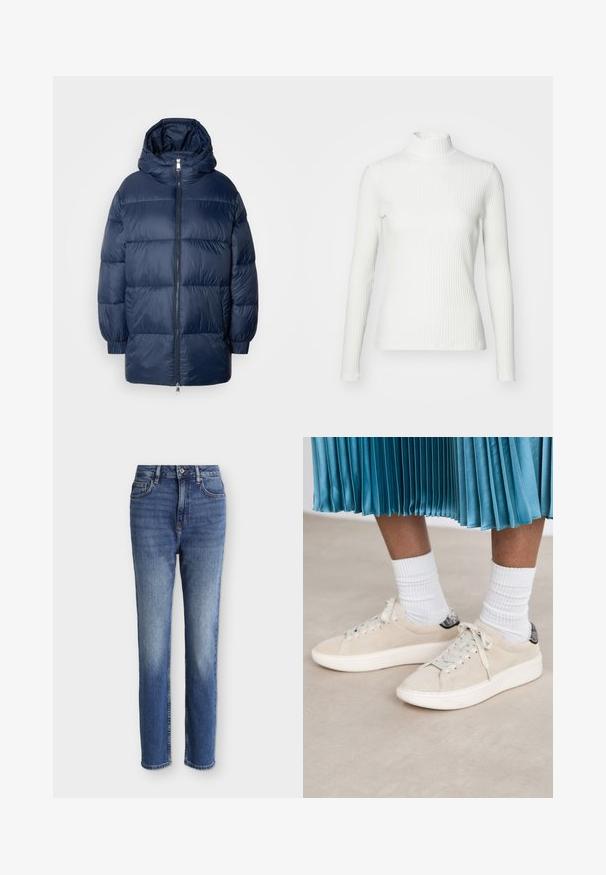 BOSS PADURA - Manteau d'hiver - dark blue; Haut col roulé blanc à côtes avec des manches longues, fabriqué en tissu extensible. Présente un design ajusté et un encolure haute pour plus de couverture.; Jean bleu moyen taille haute à coupe droite avec poches avant, passants de ceinture, fermeture par bouton, et détails légèrement délavés sur les cuisses et les genoux.; Des baskets en daim beige avec une semelle en caoutchouc blanc et un design à lacets. Accent ué d'un arrière en tab noir texturé. Portées avec des chaussettes blanches côtelées.