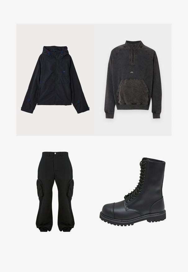 Schwarze leichte Jacke mit Kapuze, ausgestattet mit blauen Akzenten, Kordelzügen und einem Reißverschluss. Hergestellt aus wasserabweisendem Material.; Schwarzes Sweatshirt mit halbem Reißverschluss, Kängurutasche, gerippten Bündchen und Saum sowie kleinem "A C W" Logo auf der Brust.; Schwarze Cargo-Hosen mit lockerer Passform, ausgestattet mit zwei seitlichen Cargo-Taschen, elastischen Bündchen an den Knöcheln und einem Knopfverschluss auf der Taille.; Schwarze Lederkampfstiefel mit hohem Schaft, Schnürung an der Vorderseite, gepolstertem Kragen und rutschfester, strukturierter Sohle für guten Halt. Mit verstärkter Zehenkappe.