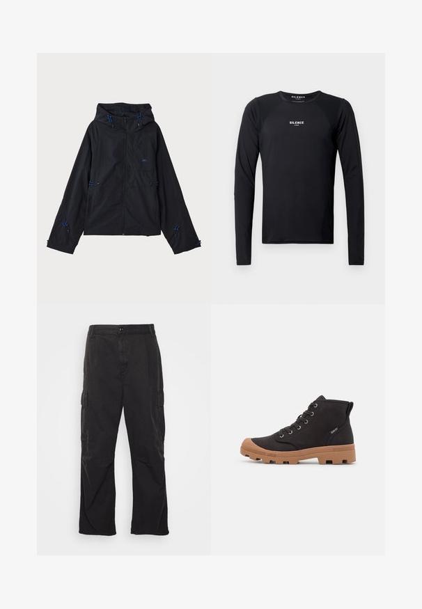Veste légère noire avec capuche, présentant des accents bleus, des cordons de serrage et une fermeture éclair. Fabriquée en tissu résistant à l'eau.; T-shirt de sport long noir en tissu lisse et léger. Il possède un col rond, des manches raglan et un logo discret sur la poitrine.; Pantalons cargo noirs avec une coupe droite, dotés de deux poches latérales, d'une fermeture à bouton et d'un tissu texturé.; Bottes de cheville en toile noire avec semelles en caoutchouc marron, dotées d'œillets en métal, d'un design à lacets et d'une surface texturée.
