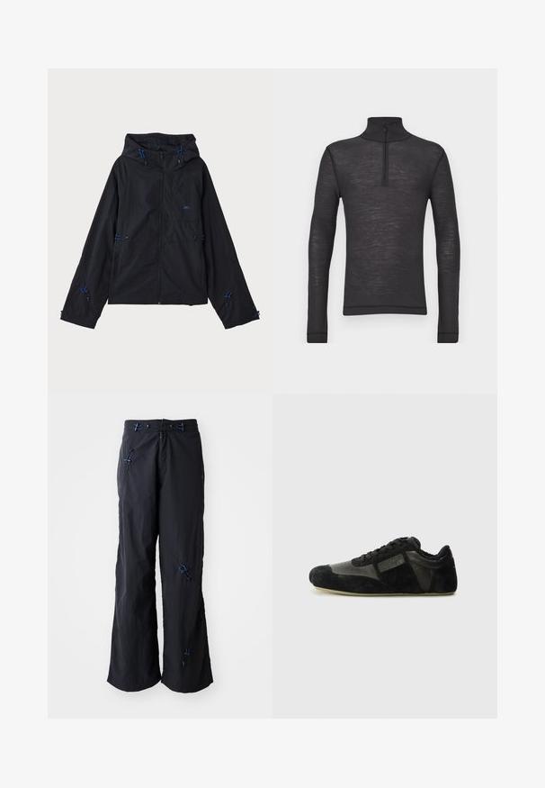 Veste légère noire avec capuche, présentant des accents bleus, des cordons de serrage et une fermeture éclair. Fabriquée en tissu résistant à l'eau.; Chandail noir à manches longues et col roulé en tissu texturé, avec une demi-fermeture éclair au niveau du col et des manches ajustées.; Pantalons noirs, légers et à jambes larges avec une finition texturée. Présente des accents bleus et des cordons pour un ajustement. Fermeture éclair.; Baskets noires en suède et cuir. Présentent un profile bas, un bout arrondi, un design à lacets et des accents texturés. Les semelles ont une texture antidérapante.