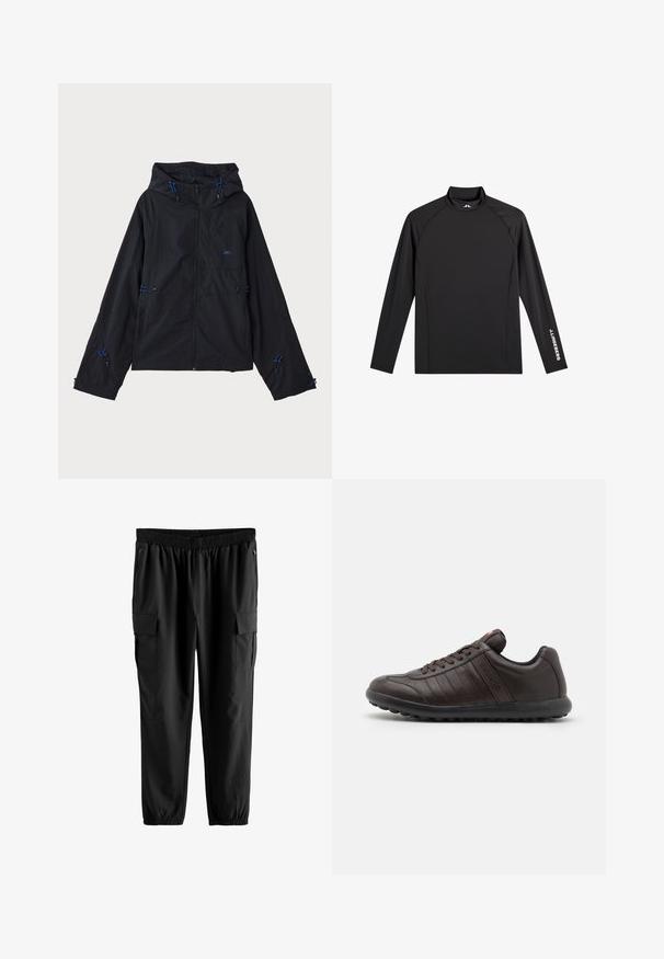 Zwarte lichtgewicht jas met een capuchon, voorzien van blauwe accenten, trekkoorden en een ritsluiting. Gemaakt van waterafstotende stof.; Zwart sporttopje met lange mouwen, opstaande kraag, slim fit en witte "J.Lindeberg"-logo op linkerarm en kraag.; Zwarte cargobroek met een elastische tailleband, zijzakken met rits en twee grote cargozakken met klepsluitingen. Glad, lichtgewicht materiaal.; Bruin leren sneakers met een ronde neus, vetersluiting, subtiele stikdetails en een gestructureerde rubberen zool voor grip.