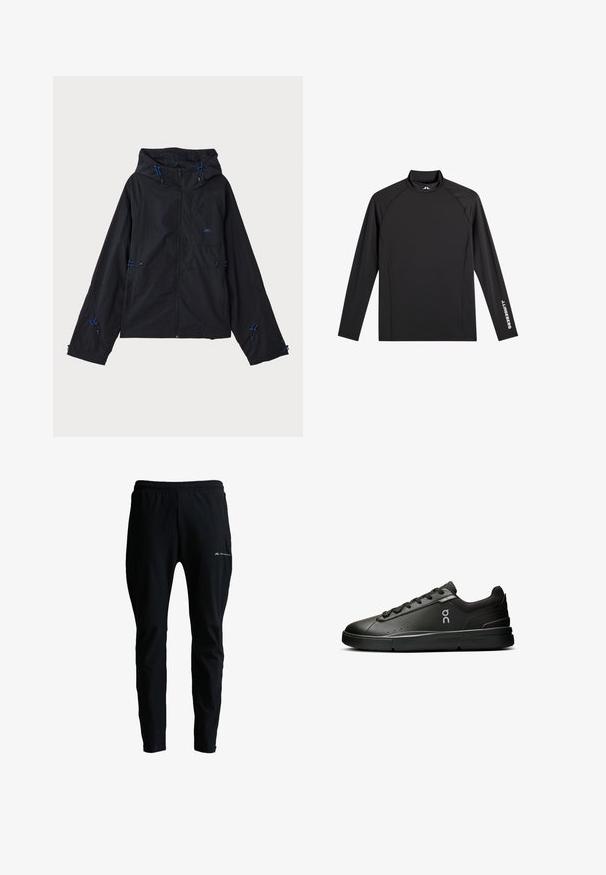 Zwarte lichtgewicht jas met een capuchon, voorzien van blauwe accenten, trekkoorden en een ritsluiting. Gemaakt van waterafstotende stof.; Zwart sporttopje met lange mouwen, opstaande kraag, slim fit en witte "J.Lindeberg"-logo op linkerarm en kraag.; Zwarte sportbroek met elastische tailleband, taps toelopende pijpen en een klein "Monterrain" logo op het bovenbeen.; On THE ROGER ADVANTAGE - Tennisschoenen voor alle ondergronden - black black