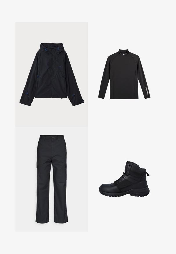 Zwarte lichtgewicht jas met een capuchon, voorzien van blauwe accenten, trekkoorden en een ritsluiting. Gemaakt van waterafstotende stof.; Zwart sporttopje met lange mouwen, opstaande kraag, slim fit en witte "J.Lindeberg"-logo op linkerarm en kraag.; Zwarte cargobroek met een rechte pijpdesign, voorzien van zijzakken en een geweven stof. Knopsluiting in de taille voor een veilige pasvorm.; Zwarte tactische laarzen met een gladde synthetische bovenkant, verstevigde meshpanelen, een hoge schoenklauw en een robuuste rubberen zool voor grip.