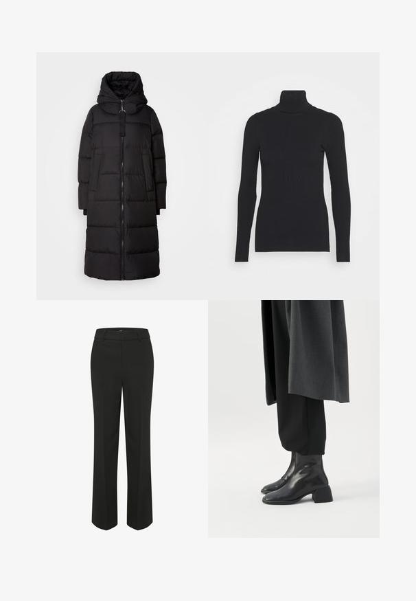 Sort polstret frakke med høj krave, frontlynlås, store lommer og hætte. Glat tekstur med kviltet mønster over det hele.; Sort ribbet rullekravesweater med lange ærmer og en tætsiddende silhuet. Teksturen er glat med et vandret ribmønster.; Sorte, vide benbukser med en glat overflade. Har en tætsiddende livlinje og rene, skræddersyede linjer for et minimalistisk design.; Sorte læderankelstøvler med lave blokhæle, båret med sorte bukser og en mørkegrå lang frakke.