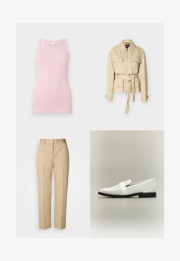 Veste beige à fermeture éclair avec deux poches à rabat sur la poitrine, ceinture à nouer à la taille, manches longues avec poignets boutonnés, et col pointu.; Débardeur rose clair en tissu doux et extensible. Il présente un col rond et des bretelles étroites, avec une texture lisse et une coupe ajustée.; Pantalon beige à jambe droite avec passants pour ceinture, pli avant et fermeture dissimulée, présenté sur un fond clair.; Mocassin en cuir blanc perforé avec semelle noire, talon bas et large bride sur le dessus, présenté en profil sur fond neutre.