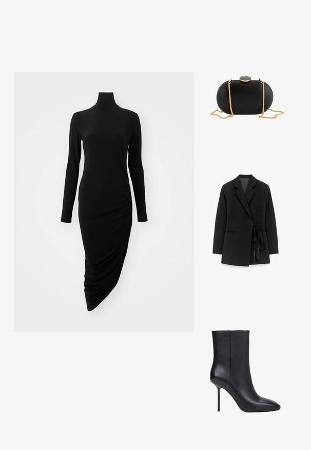 Schwarzer Blazer aus glattem Stoff, mit Schalkragen, Taillengürtel mit Quasten und Seitentaschen mit dezent genähten Details.; Schwarzes Langarmkleid mit hohem Kragen, das auf einer Seite ein gerafftes Design aufweist und aus einem glatten, dehnbaren Stoff gefertigt ist.; Schwarzer Leder-Stiefelette mit spitzer Spitze und dünnem Stiletto-Absatz, glatte Textur, Seitenansicht auf weißem Hintergrund.; Schwarze ovale Clutch mit glatter Oberfläche, goldener Kettenriemen und rundem schwarz-goldenem Verschluss oben vor weißem Hintergrund.