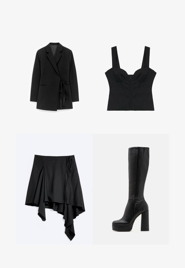 Sort blazer lavet af glat stof, der har en sjalkrave, bånd i taljen med kvaster og sidelommer med diskrete syninger.; Sort cropped bustier-top med brede skulderstropper og strukturerede kopper, designet til en tætsiddende silhuet.; Sort asymmetrisk nederdel med draperet stof og detaljer med bindebånd i siden, med ujævn nederkant og flydende lag.; Sorte knæhøje støvler lavet af glat læder med en struktureret overflade, der har en høj blokhælkonstruktion og et rundt tådesign.