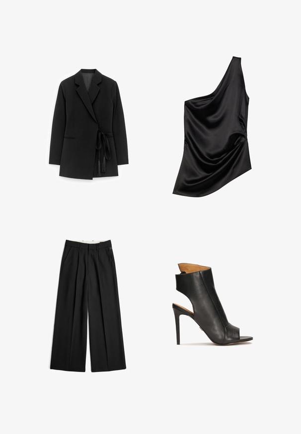 Schwarzer Blazer aus glattem Stoff, mit Schalkragen, Taillengürtel mit Quasten und Seitentaschen mit dezent genähten Details.; Schwarzes Satin-Top mit asymmetrischem Ausschnitt, gerafftem Stoffdetail und weicher Textur. Es hat einen Schulterträger und eine fließende Silhouette.; Schwarze Hose mit weitem Bein, vorderen Bügelfalten, Seitentaschen, Gürtelschlaufen und Reißverschluss.; Schwarze Leder-Sandaletten mit hohem Absatz, offen an der Zehe und mit ausgeschnittenem Design. Verfügt über einen Stiletto-Absatz und einen konturierten Knöchelbereich.