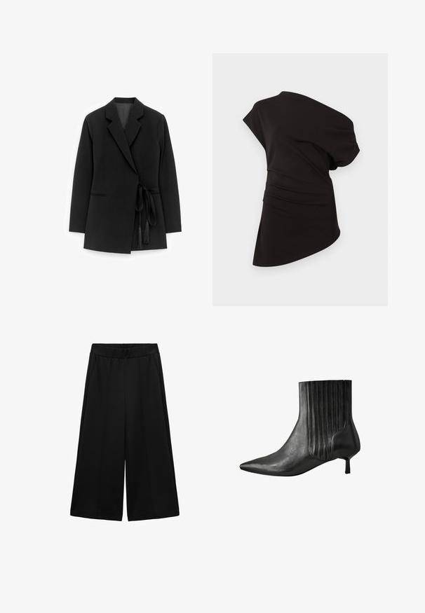 Zwarte blazer van gladde stof, met een sjaalkraag, taille met een ceintuur met kwastjes, en zijzakken met subtiele stikdetails.; Zwarte asymmetrische top met korte mouwen, een gerimpelde taille en een mouw die langer is dan de andere, weergegeven op een effen witte achtergrond.; Zwarte wijde broek gemaakt van gestructureerde stof, met zijzakken en een gladde tailleband, ontworpen voor een ruime pasvorm.; Zwart leren enkellaars met een puntige neus, ribbelontwerp aan de zijkant en een lage, vierkante hak. Gladde textuur met een glanzende afwerking.