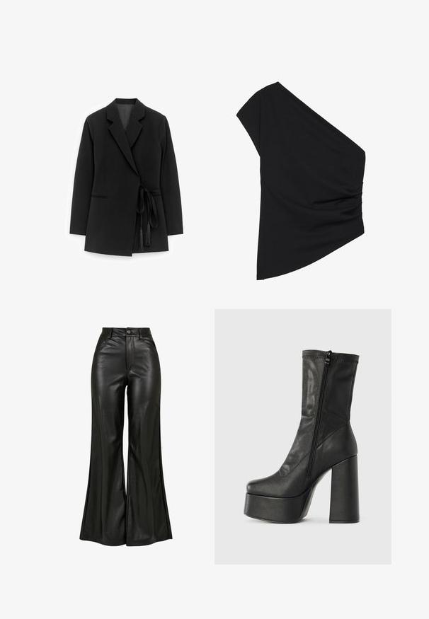 Sort blazer lavet af glat stof, der har en sjalkrave, bånd i taljen med kvaster og sidelommer med diskrete syninger.; Sort top med én skulder lavet af strækbart stof, med en detaljeret ruched side og en asymmetrisk kant. Glat tekstur med let fald.; Sorte læderbukser med flared design og en glat tekstur, der har høj talje, knaplukning og forreste lommer. Bred ben design og poleret finish.; Sort læder ankelstøvle med høj blokhæl, platformssål og lynlås på siden til lukning. Glat tekstur med topstikningsdetalje.
