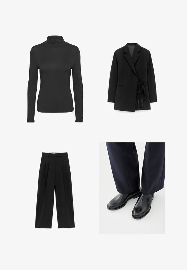 Zwarte blazer van gladde stof, met een sjaalkraag, taille met een ceintuur met kwastjes, en zijzakken met subtiele stikdetails.; Zwarte lange mouw turtleneck shirt gemaakt van glad, rekbaar materiaal. Heeft een aansluitend ontwerp en een klassieke hoge kraag.; Zwarte broek met wijde pijpen, voorplooien, riemlussen en zijzakken, ontworpen voor een getailleerde pasvorm.; Zwarte leren Chelsea-enkellaarzen met een glanzende afwerking, platte zolen en elastische zijkanten, gecombineerd met donker, op maat gemaakte pantalons.