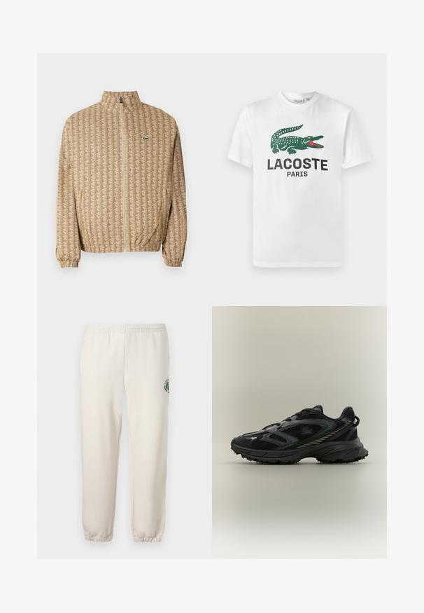 Beige ritsjack met een geometrisch patroon. Voorzien van een opstaande kraag, elastische manchetten en een klein logoaccent op de borst.; Lacoste T-shirt print - white; Lichtbeige sweatpants van katoen, met een elastische tailleband, geribde boorden en een groen logo met een bladerenontwerp op het linkerpand.; Zwarte sportieve schoen met meshpanelen, een gestructureerde zool, veters en een gebogen silhouet met zilveren accenten aan de zijkanten.
