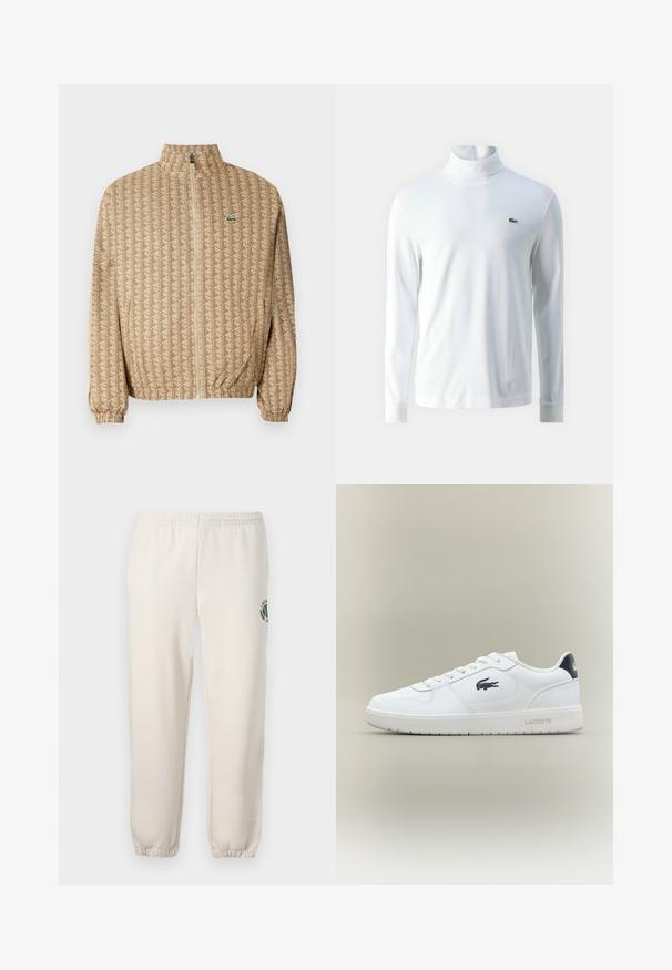 Chaqueta crema con cremallera y un patrón geométrico. Cuenta con un collar de pie, puños elásticos y un pequeño logotipo en el pecho.; Camisa de cuello alto de manga larga blanca hecha de tela suave, con un pequeño logo bordado verde en el pecho y puños ajustados.; Pantalones de chándal de color beige claro, hechos de algodón, con una cinturilla elástica, puños acanalados y un logo verde con diseño de hoja en la pierna izquierda.; Zapatilla baja blanca de Lacoste con el logo de cocodrilo negro en el lateral, cordones blancos y una pestaña de talón negra, exhibida sobre un fondo neutro.