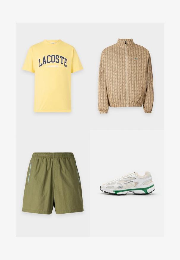Chaqueta crema con cremallera y un patrón geométrico. Cuenta con un collar de pie, puños elásticos y un pequeño logotipo en el pecho.; Camiseta de algodón amarilla con el logo "LACOSTE" en azul marino y el texto "SPORTSWEAR" debajo. Diseño sencillo de cuello redondo con mangas cortas.; Pantalones cortos verde oliva con cinturilla elástica, bolsillos con cremallera en los laterales y una tela ligera y texturizada.; Zapatilla blanca con acento verde y suela de goma negra. Presenta paneles de malla y sintéticos, con un acabado texturizado y costuras visibles.