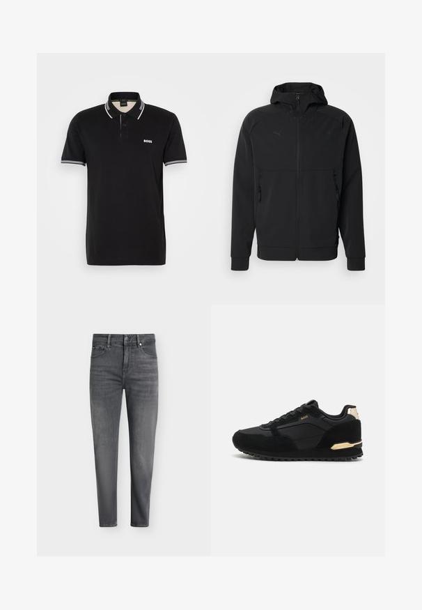 Puma LIFE JACKET - Lichte jas - black; Zwarte polo met een klein wit logo. Heeft twee knopen, een contrasterende kraag en mouwstrepen in het wit. Gemaakt van zachte stof.; Donkergrijze slim-fit jeans met knoop en rits aan de voorkant, riemlussen en zichtbare voorzakken op een effen witte achtergrond.; Zwarte sportieve schoen van een combinatie van suede en synthetische materialen, met gouden accenten op de hak en het logo. Voering van rubber met profiel.