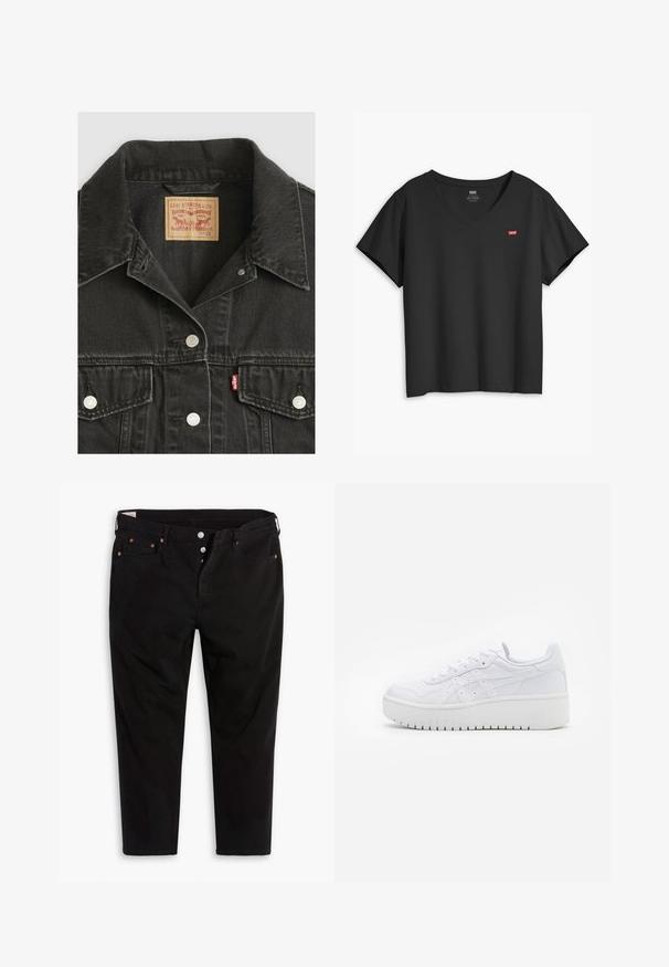 Zwarte denim Levi's jas met omgeslagen kraag, door knopen sluitbare zakken aan de voorkant, zilveren knopen en een bruine Levi Strauss & Co. label aan de binnenkant van de kraag.; Zwarte korte mouwen V-hals T-shirt van katoen, met een klein rood Levi's logo op de linkerkant van de borst. Soepele textuur, losse pasvorm.; Zwarte spijkerbroek met een rechte pasvorm. Voorzien van vijf zakken, metalen knoopsluitingen en oranje stiksels. Gemaakt van katoen.; Witte platform sneakers met een gladde leertextuur, geperforeerde details en platte veters; voorzien van een dikke witte rubberen zool.