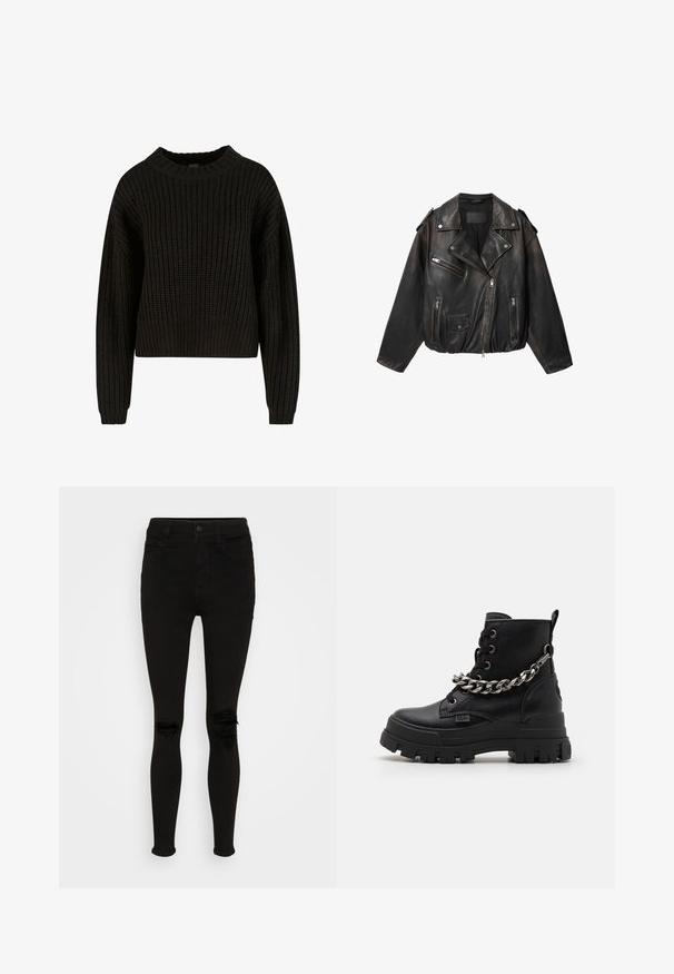 Veste de motard en cuir noir avec fermeture éclair asymétrique, poches poitrine et latérales zippées, poche à rabat à pression et épaulettes sur les épaules.; Pull en tricot noir à texture côtelée, col rond et manches longues. Design court avec une coupe ample. Pas de motifs ni de matériel visible.; American Eagle SUPER HIGH RISE - Jegging - black wash; Bottines noires en cuir texturé, avec une semelle épaisse, un détail de chaîne proéminent sur le côté et des lacets ronds.