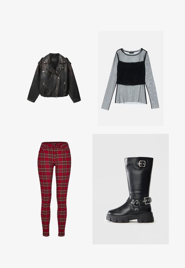 Schwarze Leder-Bikerjacke mit asymmetrischem Reißverschluss, Reißverschlusstaschen an Brust und Seiten, Klappentasche mit Druckknopf sowie Schulterklappen.; Schwarzes Mesh-Longsleeve-Oberteil mit einem taillierten, gerafften Oberteil und strukturiertem Overlay, rundem Ausschnitt und transparenten Ärmeln.; Rote karierte Skinny Jeans mit einer taillierten Passform, die gelbe und schwarze Linien aufweisen, einem Knopfverschluss und klassischen Fronttaschen.; Schwarze Lederstiefel bis zur Mitte der Waden mit dicker Profilsohle, zwei silbernen Schnallenriemen – einer oben und einer um den Knöchel.