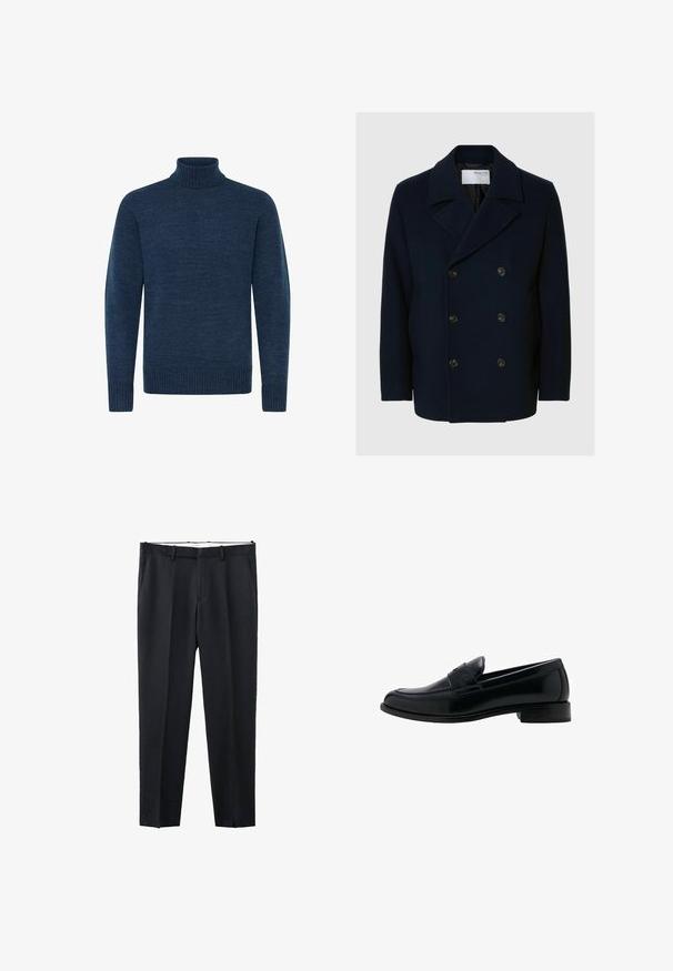 Manteau en laine bleu marine à double boutonnage avec un large col, présentant de grands boutons marron et une texture lisse, conçu pour la chaleur.; Pull en col roulé bleu marine en tissu texturé, avec des manches longues et des accents côtelés au col et à l'ourlet.; Pantalon formel noir avec passants de ceinture, poches latérales et fermeture à boutons devant sur fond blanc.; Mocassin en cuir noir avec un talon bas, un bout rond et un détail classique de bride à penny sur le dessus.
