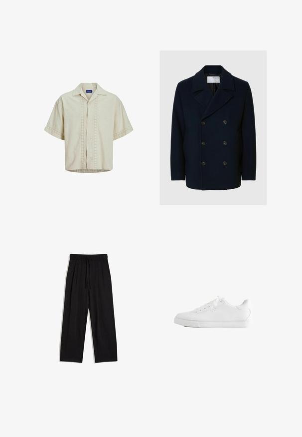 Manteau en laine bleu marine à double boutonnage avec un large col, présentant de grands boutons marron et une texture lisse, conçu pour la chaleur.; Chemise à manches courtes en lin beige avec un devant boutonné, présentant des détails en œillets le long du centre et des poignets. Ourlet droit.; Pantalon noir à coupe ample avec taille élastique et cordon de serrage, doté de poches latérales et de jambes droites, sur fond blanc.; Baskets basses blanches avec lacets, dessus en cuir lisse et semelle extérieure en caoutchouc plate, vues de côté sur fond blanc.