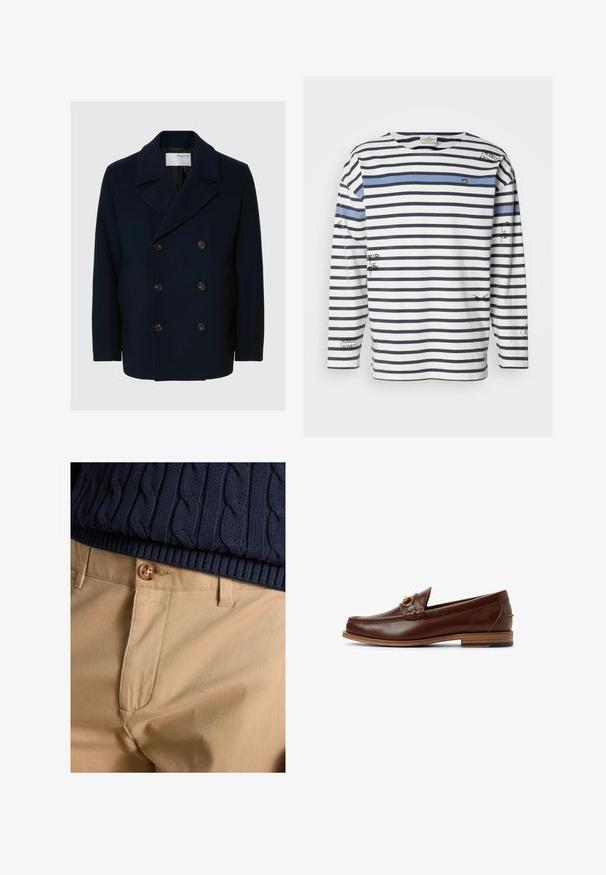 Abrigo de lana azul marino de doble botonadura con solapa ancha, que presenta grandes botones marrones y una textura suave, diseñado para ofrecer calidez.; Camiseta de manga larga con rayas horizontales en azul marino y blanco, una franja de acento azul y ilustraciones gráficas en la parte delantera y en las mangas.; Primer plano de pantalones beige con cierre de botón combinados con el dobladillo de un suéter de punto con trenzas azul marino.; Mocasines de cuero marrón con un detalle trenzado y un acento dorado. Tacón plano de madera con agarre de goma negra. Textura suave, diseño clásico.