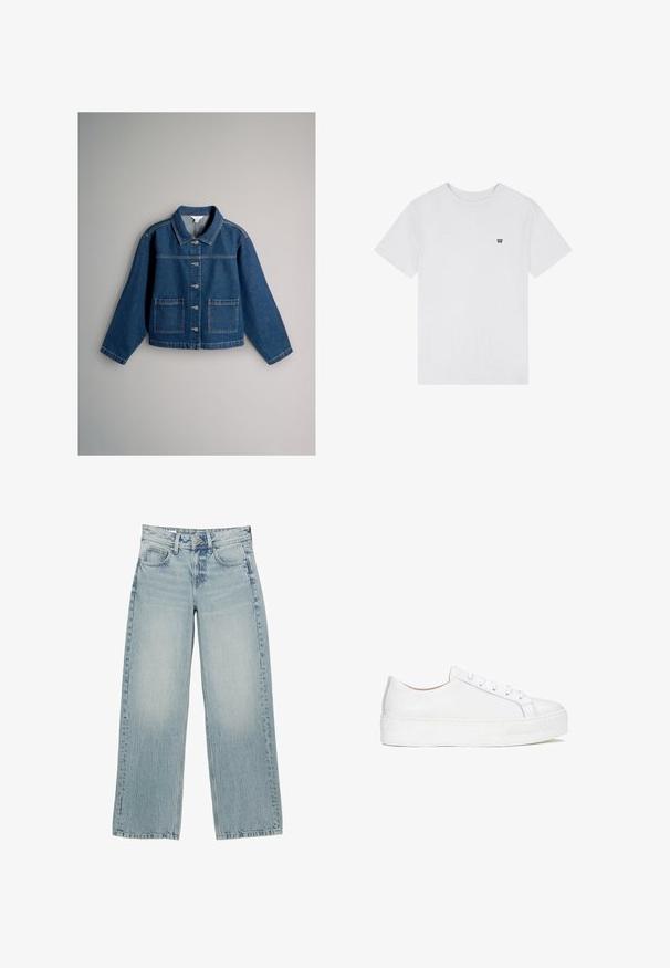 Denimjakke med lange ærmer, knaplukning foran, spids krave og to forlommer med lapper, vist på en neutral baggrund.; Hvid T-shirt med korte ærmer og rund halsudskæring med lille sort logo på venstre bryst mod ensartet hvid baggrund.; Lysblå denim bredbukser med høj talje, der har fem lommer, knaplukning og subtile falmninger for en slidt effekt.; Hvide lædersneakers med en glat overflade, rund tå og flad sål. Har snørebåndslukning og diskrete syninger.