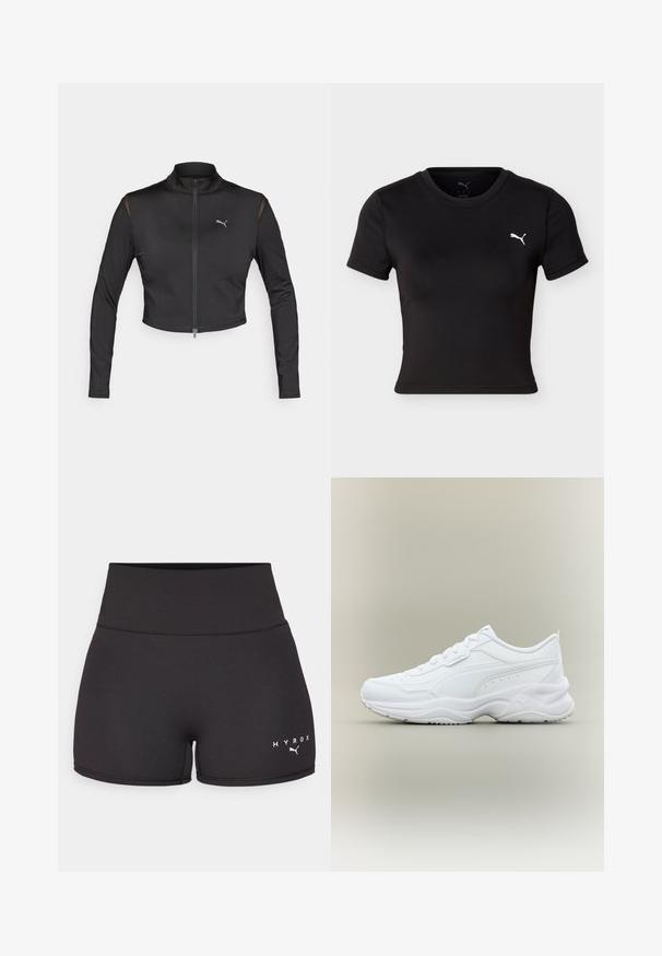 Schwarze, cropped Sportjacke aus elastischem Material. Mit hohem Kragen, Front-Reißverschluss und Netzbesätzen an den Schultern. Logo auf der Brust.; Schwarzes, kurzärmeliges, cropped Sport-T-Shirt mit Rundhalsausschnitt und weißem Puma-Logo auf der linken Brust.; Schwarze Sportshorts aus dehnbarem Material. Hohe Taille mit weißem "HYROX"-Text und Logo auf der linken unteren Seite. Glatte Textur.; Weißer niedriger Sportschuh mit Schnürung vorne, strukturierter Sohle und dezentem genähtem Design auf glattem Obermaterial.