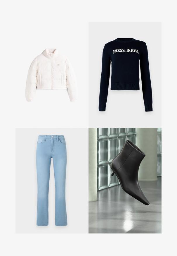 Veste courte matelassée blanche avec col montant, fermeture éclair devant et deux poches latérales sur fond blanc.; Guess Jeans INTARSIA - Pullover - daring ocean; Jeans évasés bleu clair en denim avec une taille haute, un design à cinq poches et une fermeture à bouton à l'avant. Texture lisse sur l'ensemble.; Bottine en cuir noir avec bout pointu et petit talon, présentée devant un mur en blocs de verre et un sol poli.