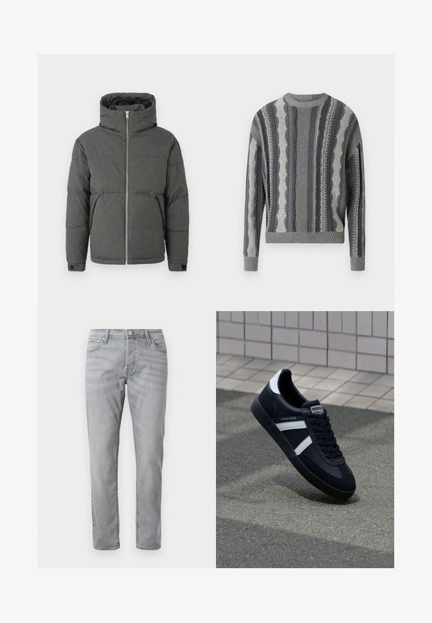 Grå polstret jakke med høj krave, frontlynlås og elastiske manchetter. Har en glat tekstur og kompakt design.; Grå mønstret sweater med horisontale striber i forskellige teksturer, ribbet halsudskæring og manchetter. Materialet har en blød, strikket overflade.; Lys grå lige ben jeans med lynlås foran, for- og baglommer samt bæltestropper, vist på en hvid baggrund.; Sort lædersneaker med hvide striber, tekstureret gummisål og snørrebånd foran. Har et brandet mærke på tungen.
